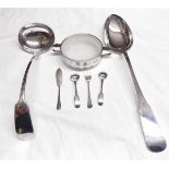Mixed Lot: Fiddle pattern basting spoon, together with soup ladle, glass-lined circular dish and