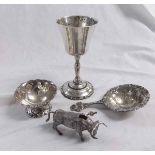 Mixed Lot cast model of bull (A/F) together with plain goblet of polished form on spreading circular