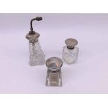 Mixed lot: a cut glass lighthouse-shaped scent atomiser with Sterling mount and metal spray, 12cm