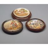 Group of three 19th century Prattware pot lids, in round wooden frames, all approx 4 1/2" diameter