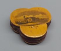 Small Mauchline ware shamrock-shaped pin cushion, marked "Made of Wood Grown in Chillingham Park