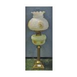 Oil lamp, fitted with clear glass chimney, opaque floral decorated vesta-style shade, opaque glass