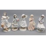 Group of figurines, three Royal Worcester: Grandma's Bonnet, The Milkmaid and a Posy for Mother;