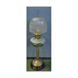 Victorian oil lamp, with clear glass chimney, frosted glass tulip shade, grey painted font and brass