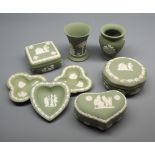 Mixed lot comprising: Wedgwood green Jasperwares comprising three covered trinket boxes, two vases