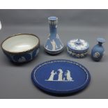 Mixed lot: Wedgwood Jasperwares comprising circular bowl, oval dish, two vases and a circular