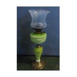 Unusual Victorian oil lamp, clear glass chimney, Vaseline tinted shade and lime green and brass-