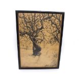 MIKLAS FARKASHAZY (HUNGARIAN), SIGNED CHARCOAL DRAWING, Tree study, 11" x 8"