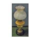 Victorian oil lamp with clear glass chimney, opaque glass vesta-type shade, opaque font decorated