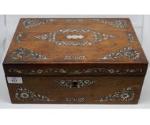 19th century rosewood and mother-of-pearl inlaid box, containing various sewing supplies, 14" wide