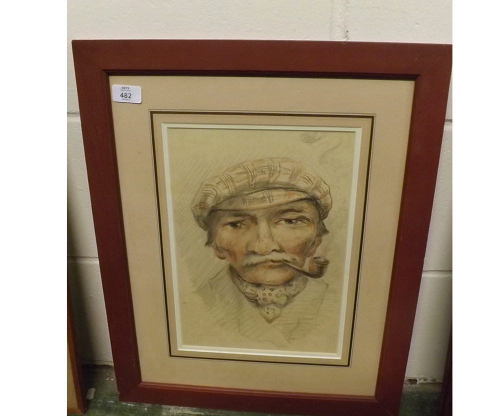 ATTRIBUTED TO C E BROCK, CRAYON DRAWING, Pipe smoker, 13" x 9"