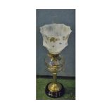 Early 20th century oil lamp, fitted with clear glass chimney, butterfly decorated shade, clear glass