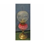 Victorian oil lamp, fitted with clear glass chimney, frosted glass shade, opaque pink glass font and