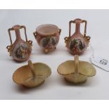 Mixed Lot: pair of continental miniature double-handed vases and accompanying three-footed jardini¦