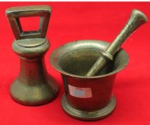 19th century brass pestle and mortar, and further brass bell weight (3)