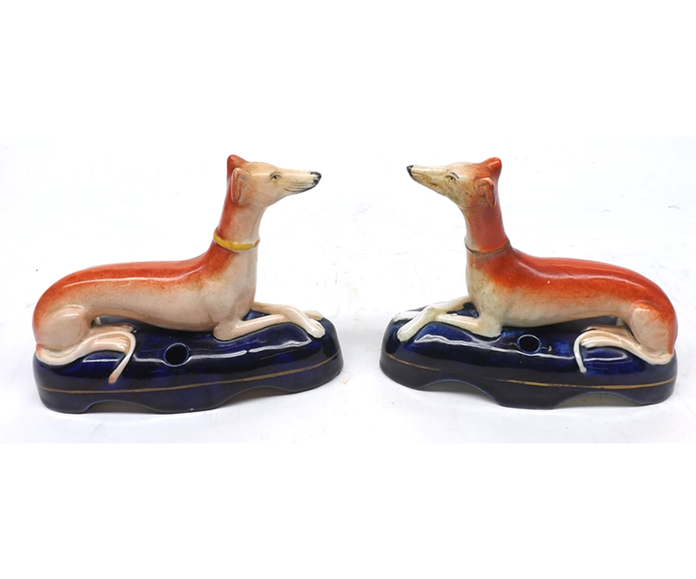 Pair of 19th century Staffordshire greyhound pen stands, of typical form, 4 1/2" high