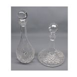 Modern clear glass ship's type flat bottomed decanter, and one other (2)