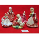 Mixed lot: five small Royal Doulton figurines, "Goody two-shoes", "Home Again", "Kirstie", "Ninette"