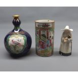 Mixed Lot: modern Dresden leaf-formed dish; a small Canton cylinder vase; a Royal Worcester candle
