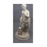 Large Parian ware figure, of a young lady and child, raised on a plinth base, (some damage