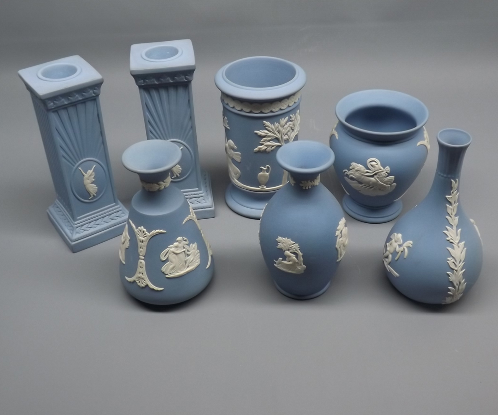 Mixed Lot: six pieces Wedgwood blue Jasperwares, comprising five various vases and a pair of