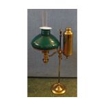 Brass student's oil lamp, with dark green vesta-style shade, 25" high in total
