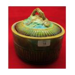 Oval Majolica game pie dish with looped handle, lid decorated with rabbits, heavily restored