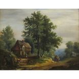 19TH CENTURY ENGLISH SCHOOL OIL ON CANVAS, Rural Landscape with Figure by a Cottage and Horse and