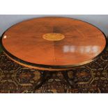 Victorian walnut and inlaid oval loo-table raised on quatre base, 47" wide