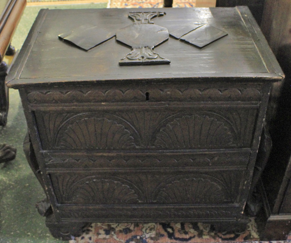 19th century hardwood blanket box constructed of various pieces, carved detail to front, hinged lid,