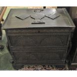 19th century hardwood blanket box constructed of various pieces, carved detail to front, hinged lid,