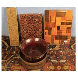 Mixed lot: Art Deco style inlaid wooden serving tray, Far Eastern hardwood carved plaque,