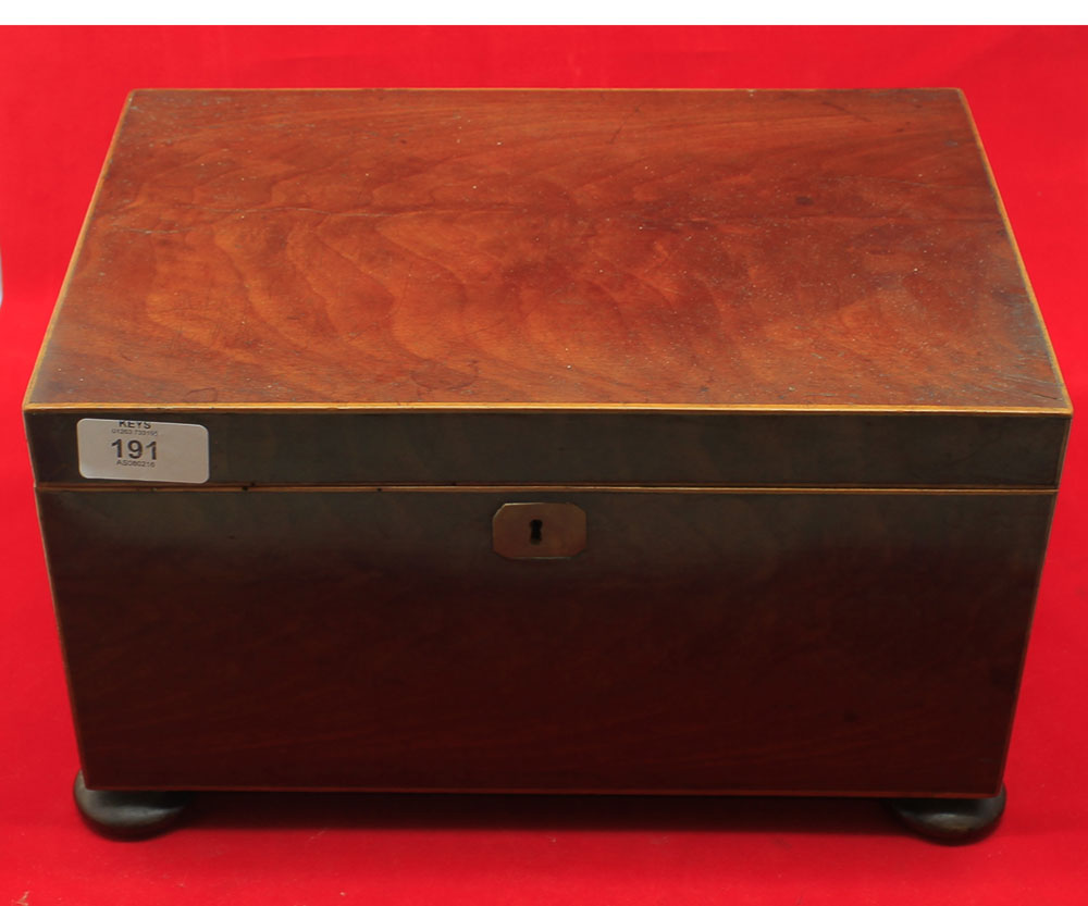 19th century mahogany rectangular box, with hinged lid, looped handles and bun feet, 12" wide