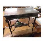 Edwardian mahogany card table, rectangular swivelling folding top with green baize interior,