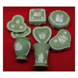 Mixed lot comprising: Wedgwood green Jasperwares comprising three covered trinket boxes, two vases