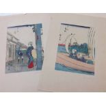 AFTER HIROSHIGE, PAIR OF JAPANESE COLOURED WOOD BLOCK, Figurative Studies, 8" x 6" MOUNTED AND