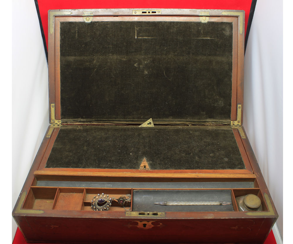 19th century mahogany and brass inlaid writing box, with fitted interior, 17 1/2" wide - Image 2 of 2