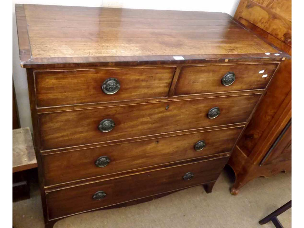 A 19th Century Mahogany Chest, crossbanded top over two short and three full width drawers on