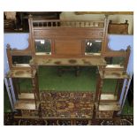 Late 19th century oak framed multi-panel overmantel mirror with shelves, 53" wide