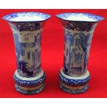 Pair of Abbey pattern octagonal flared blue and white vases, 8" high