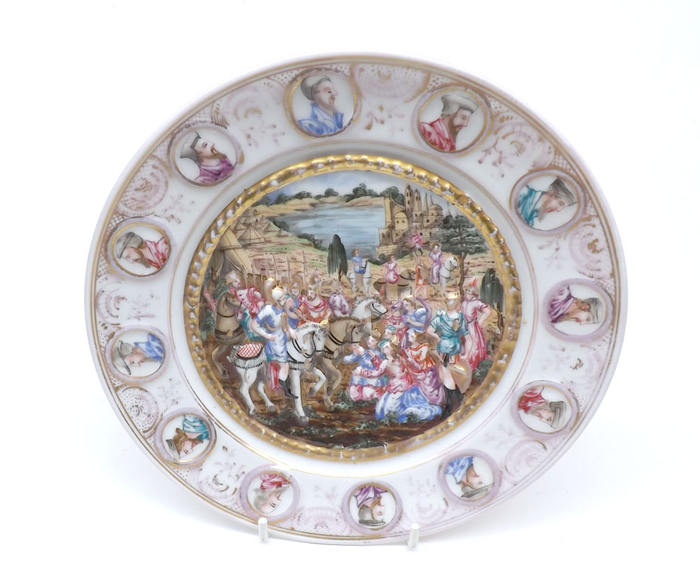Naples Capodimonte plate, decorated with heraldic scenes, 8 1/4" diameter