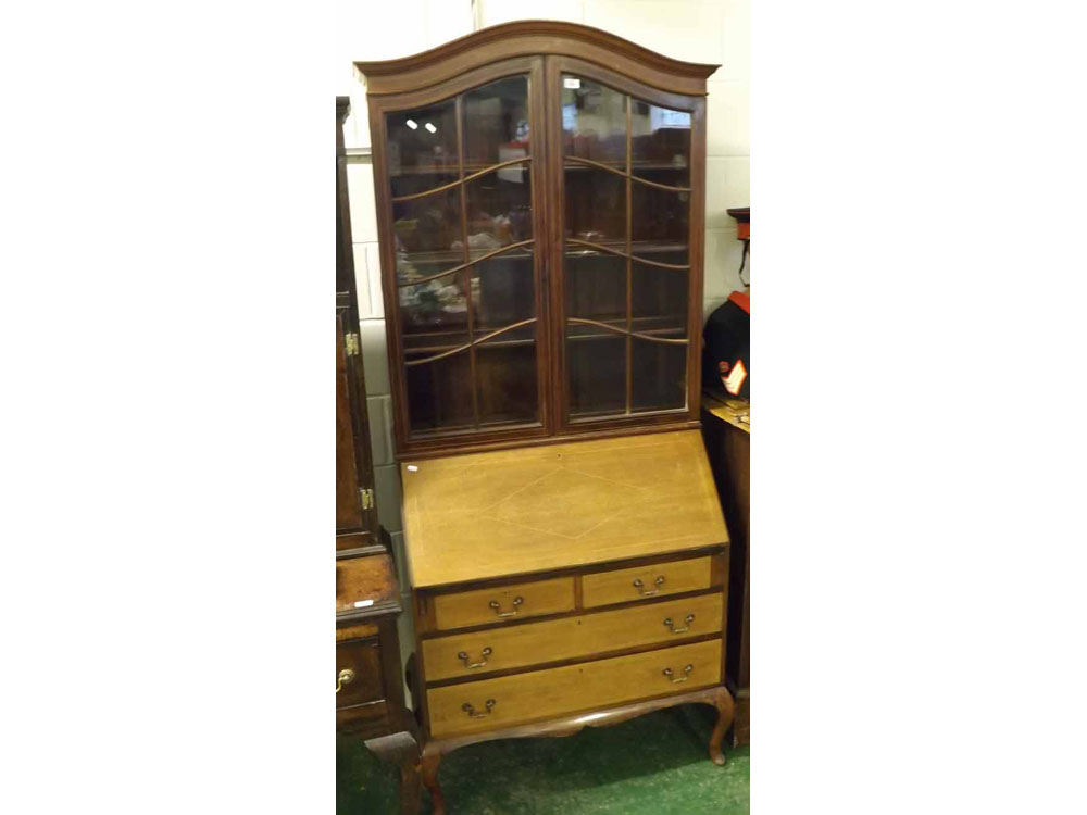 Edwardian mahogany and inlaid bureau bookcase cabinet, the glazed top section over a base with