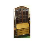 Edwardian mahogany and inlaid bureau bookcase cabinet, the glazed top section over a base with