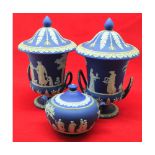 Pair of Wedgwood Jasperware double handled covered urns and similar circular covered sugar basin (3)