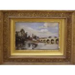 ATTRIBUTED TO ARTHUR E DAVIES, OIL ON CANVAS, River Landscape with Bridge, 6" x 8"