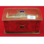 Arts and Crafts copper rectangular box with hard stone inlay and wood lined interior, unsigned,