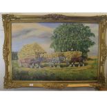 JOHN MUNNINGS, SIGNED LOWER LEFT, OIL ON CANVAS, "Harvest Workers", 23" x 35"