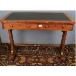 19th century rosewood two-drawer writing table, raised on twin columns and stretch ups, 36" wide