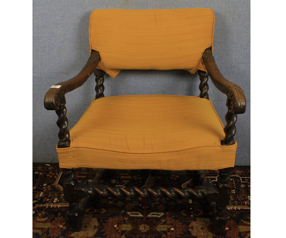 19th century oak framed barley twist armchair with later upholstery, 24" wide