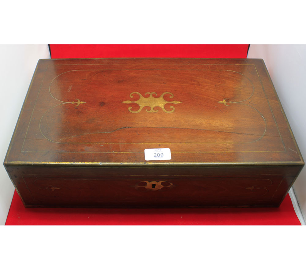 19th century mahogany and brass inlaid writing box, with fitted interior, 17 1/2" wide